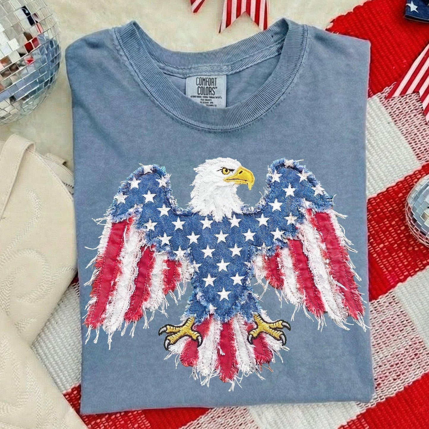 Comfort Colors Faux Patchwork American Eagle Tee,4th of July
