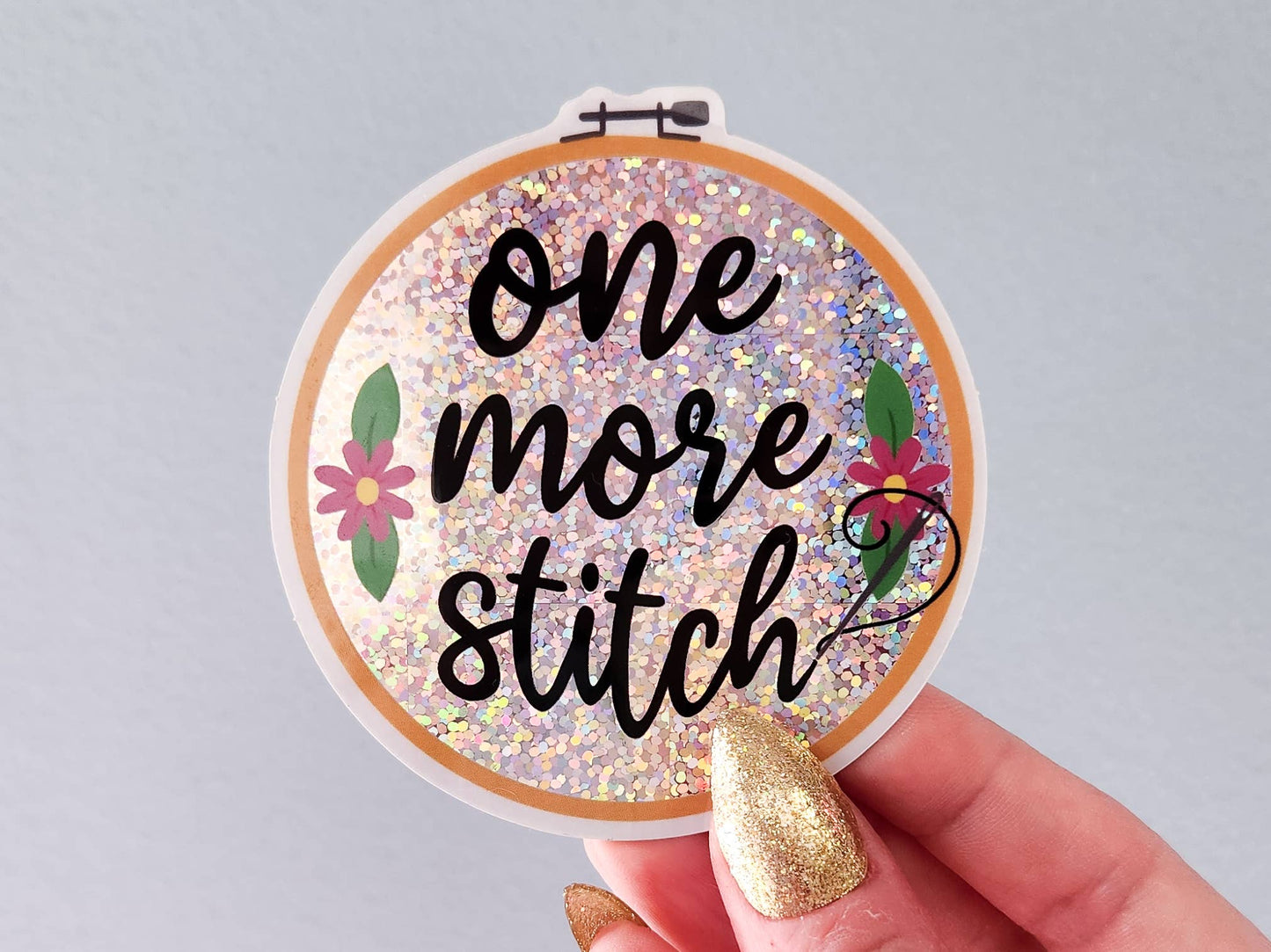 One More Stitch - Embroidery Holographic Sticker, 3 x 3.1 in