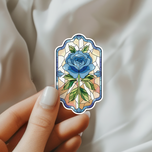 Blue Stained Glass Rose Vinyl Sticker | Bookish