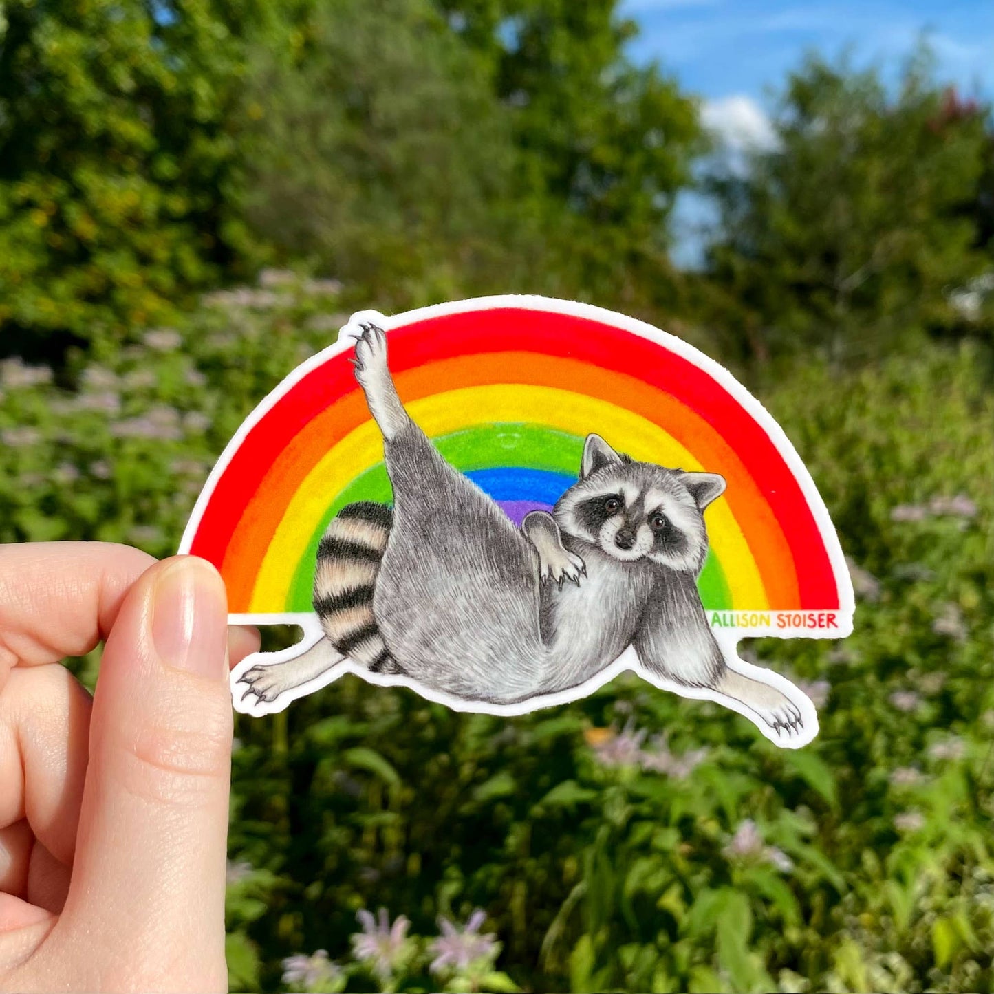 Rainbow Lounging Raccoon Pride Weatherproof Vinyl Sticker