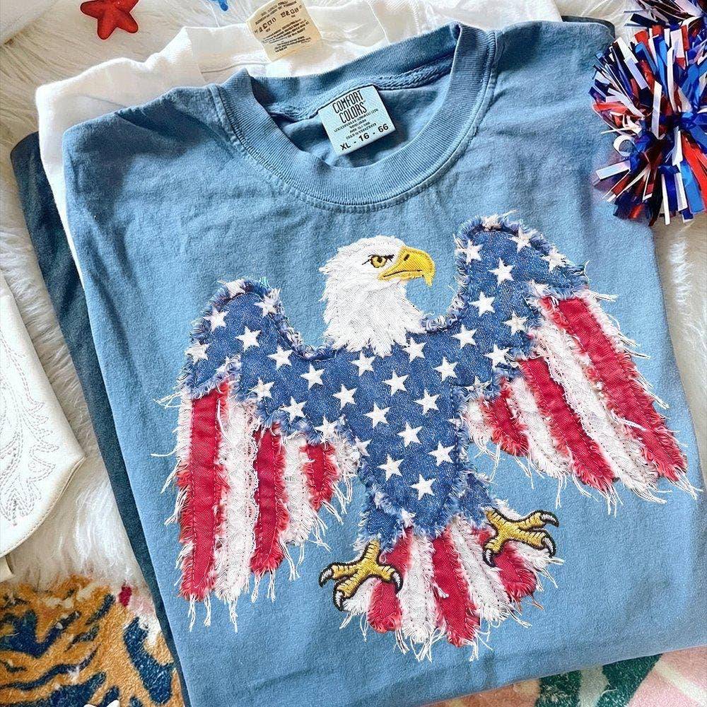 Comfort Colors Faux Patchwork American Eagle Tee,4th of July